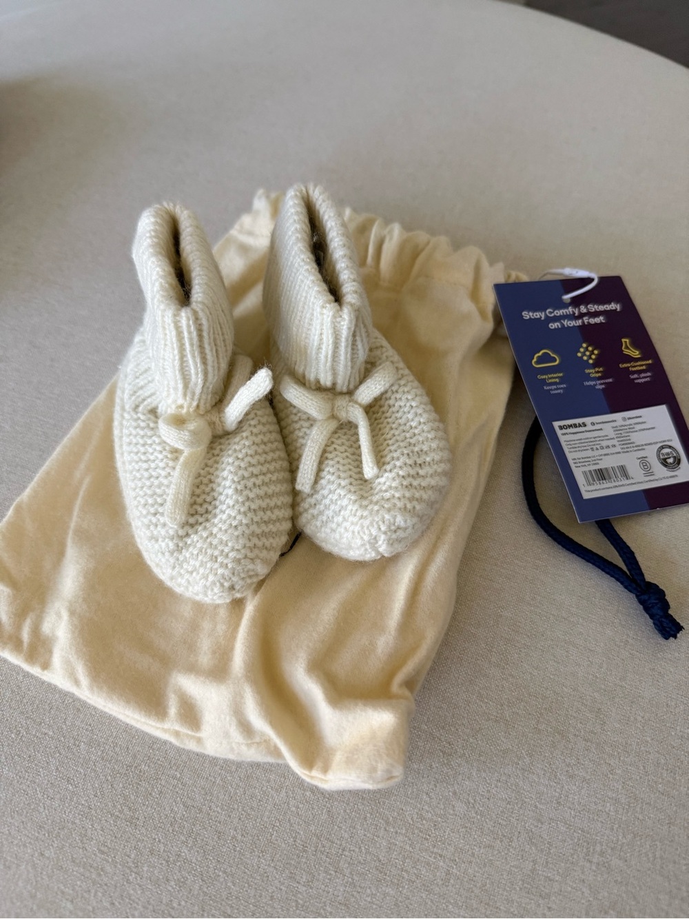 Bombas Cream Knit Baby Booties with Tie Detail